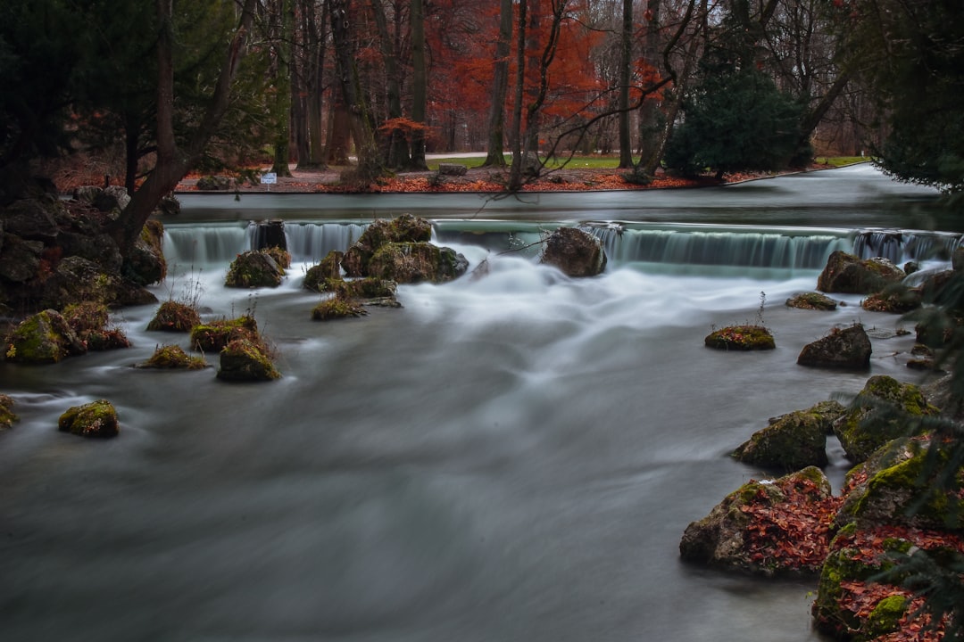 time lapse photography of river surrounded by red trees