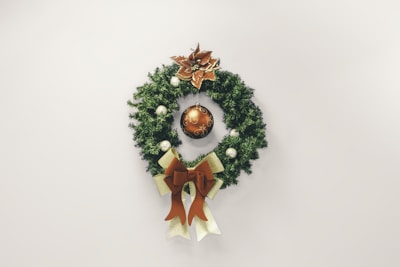 An elegant holiday wreath adorned with festive ornaments.