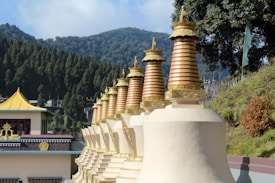 A row of intricately designed golden stupas with red accents, set against a backdrop of lush green hills and tall evergreen trees. The architecture features ornate details with a serene and peaceful monastery-like setting.
