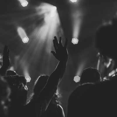 a crowd of people at a concert with their hands in the air