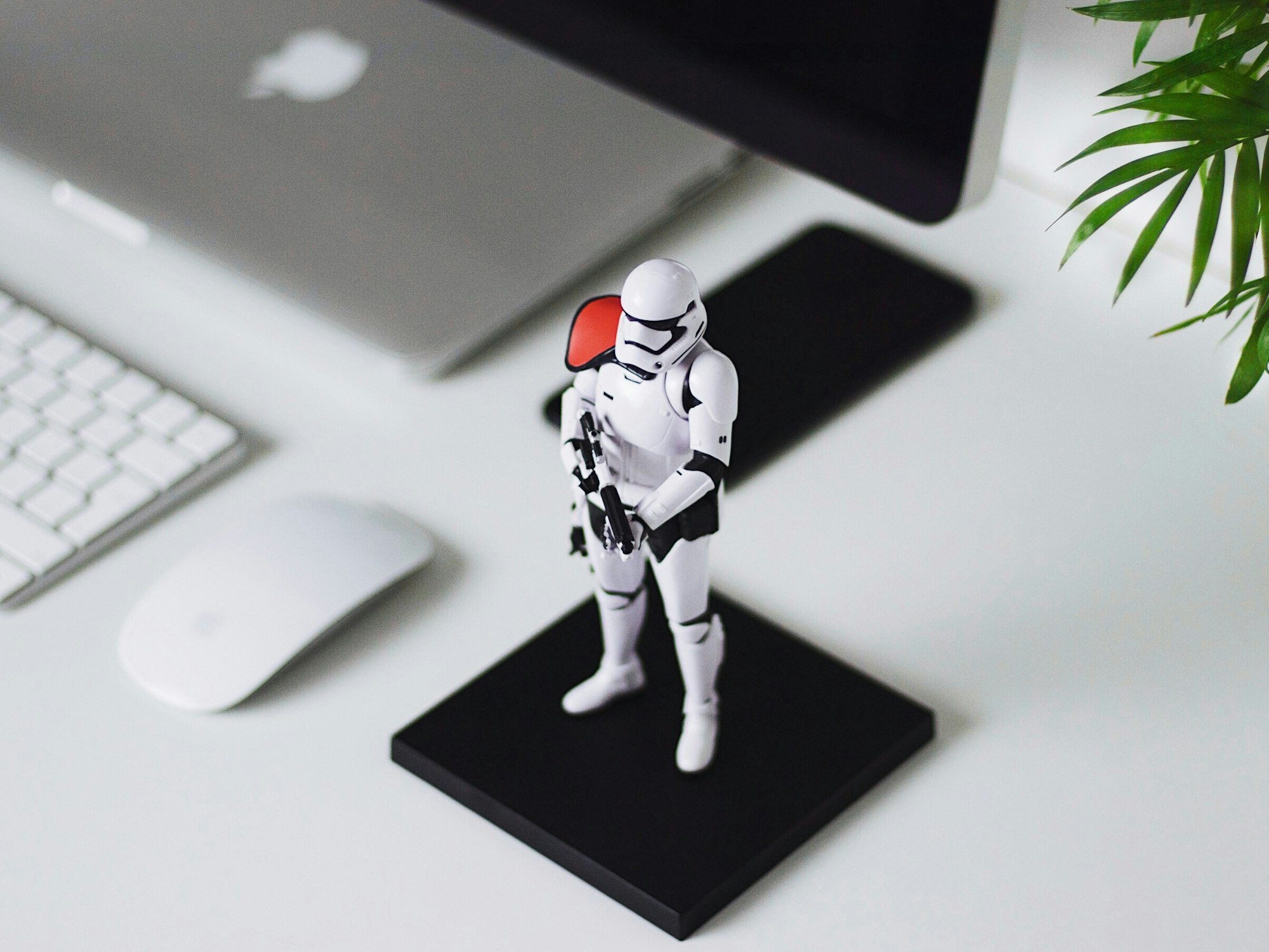 We love toys and all things geeky! The idea that this stormtrooper would guard our desk when away was something we wanted to try and capture. Also the white armour fits perfectly with the minimal aesthetic of our tech.