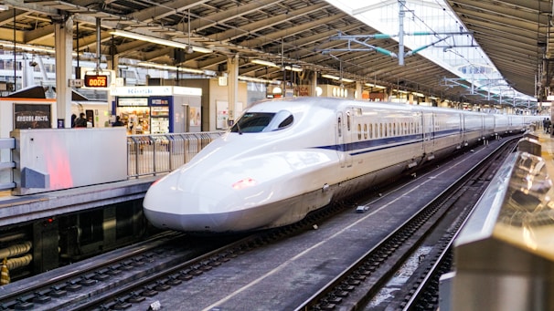 A bustling station platform decorated for the upcoming launch of India’s first bullet train.
