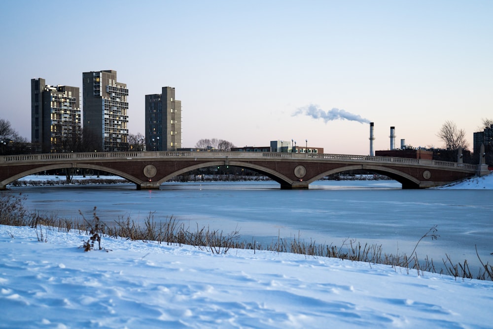 a bridge over a body of water with buildings in the background