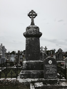 A stone cemetery monument with a large, ornate cross on top. The monument is weathered with noticeable lichen and moss. Several gravestones are visible in the background, surrounded by iron fencing. The sky is overcast, adding to the somber atmosphere.