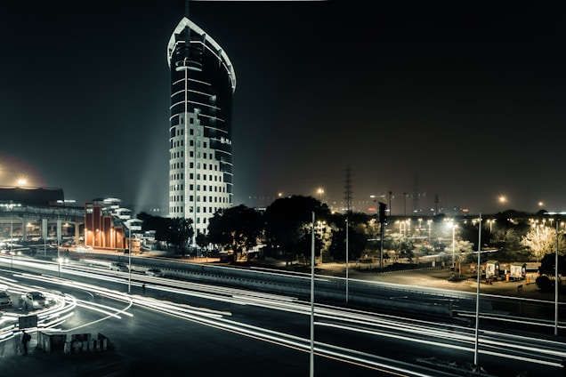 buildings and road lights during nighttime