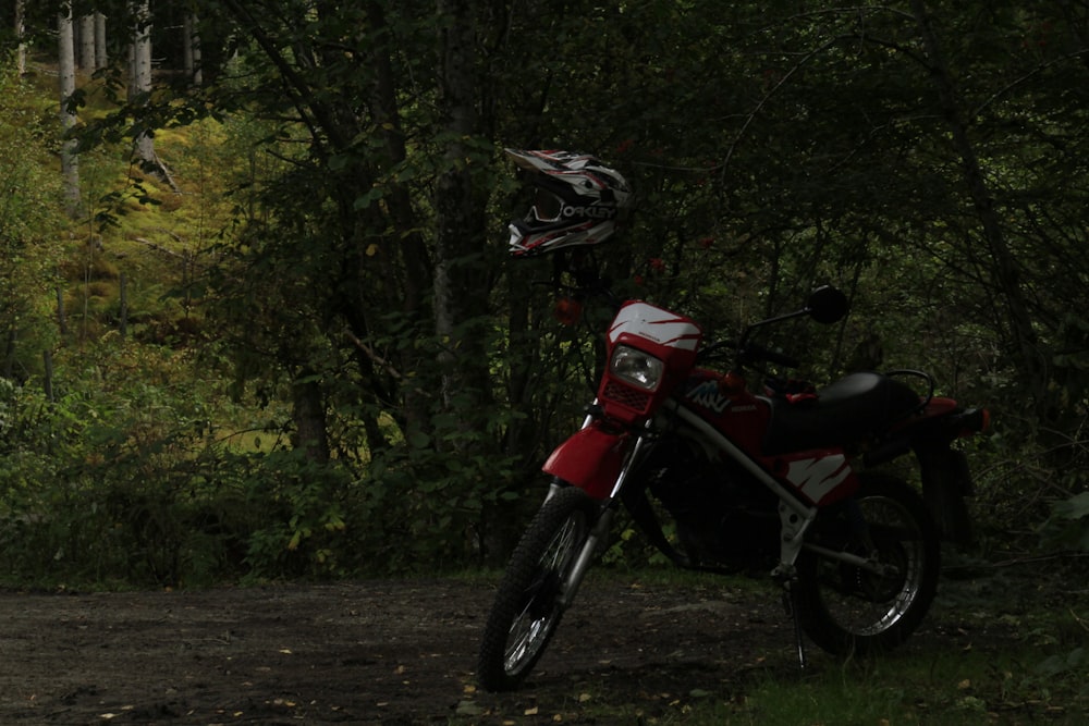Schwarz-weißes Motocross-Dirtbike umgeben von grünen Bäumen