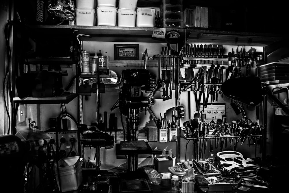 grayscale photography of metal tools