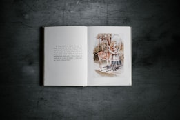 An open book lays on a dark textured surface, displaying a page of text on the left and an illustration on the right. The illustration depicts a girl with long hair wearing a dress and striped stockings standing next to a young deer in a natural setting with trees. The colors are muted and earthy.