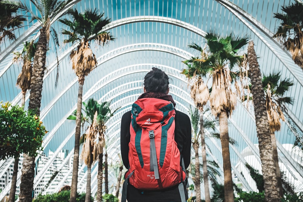 man carrying backpack looking at palm trees during daytime