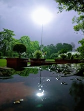 A well-lit garden scene featuring a bright streetlight illuminating the area. In the foreground, reflective water with visible droplets captures the light, while trimmed shrubs and tall trees surround the space, creating a serene, natural environment.