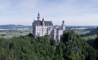 A picturesque castle sits atop a forested hill surrounded by lush greenery and expansive fields. The castle features tall spires and ornate architecture, embodying a fairy-tale-like setting. The background shows a serene landscape with rolling hills and distant bodies of water.