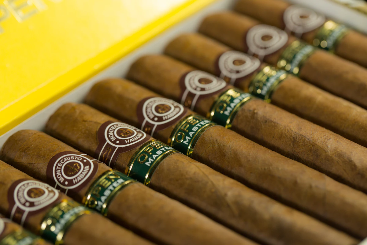 Cigar accessories with a single smoke trail in low warm light