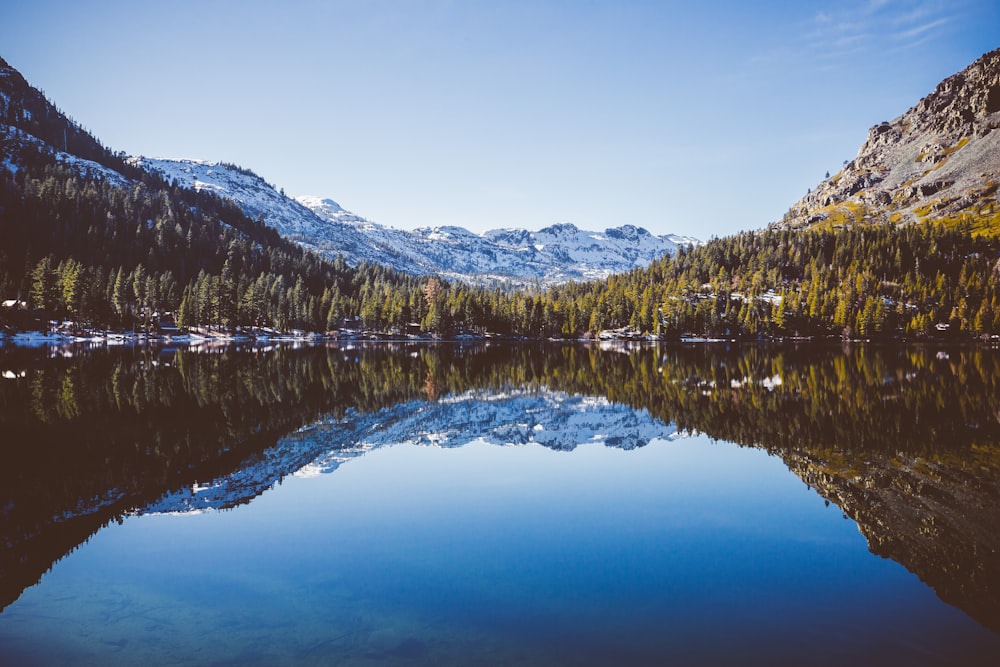 calmo specchio d'acqua tra montagna