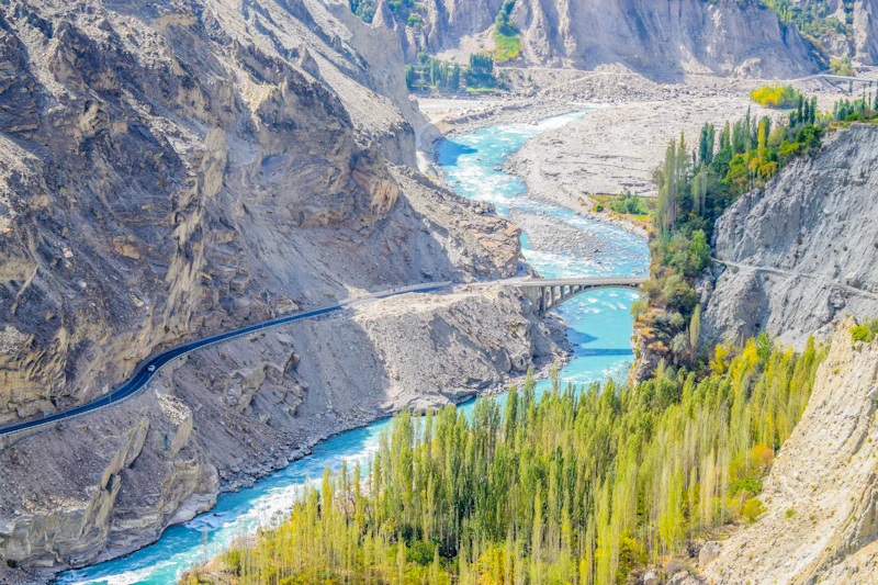 Hunza Valley autumn foliage with Karakoram mountains in Pakistan