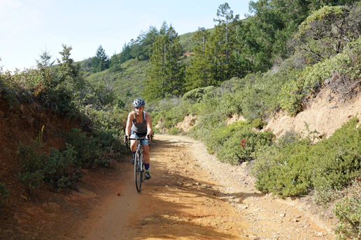 A cyclist riding through a lush green trail surrounded by dense forest and sunlight filtering through the trees.