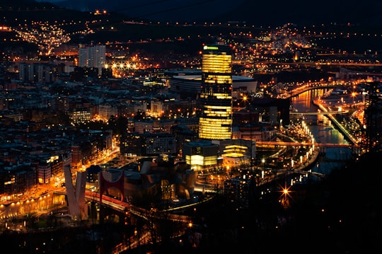 bird's eye view of buildings during nighttime in Bilbao Spain