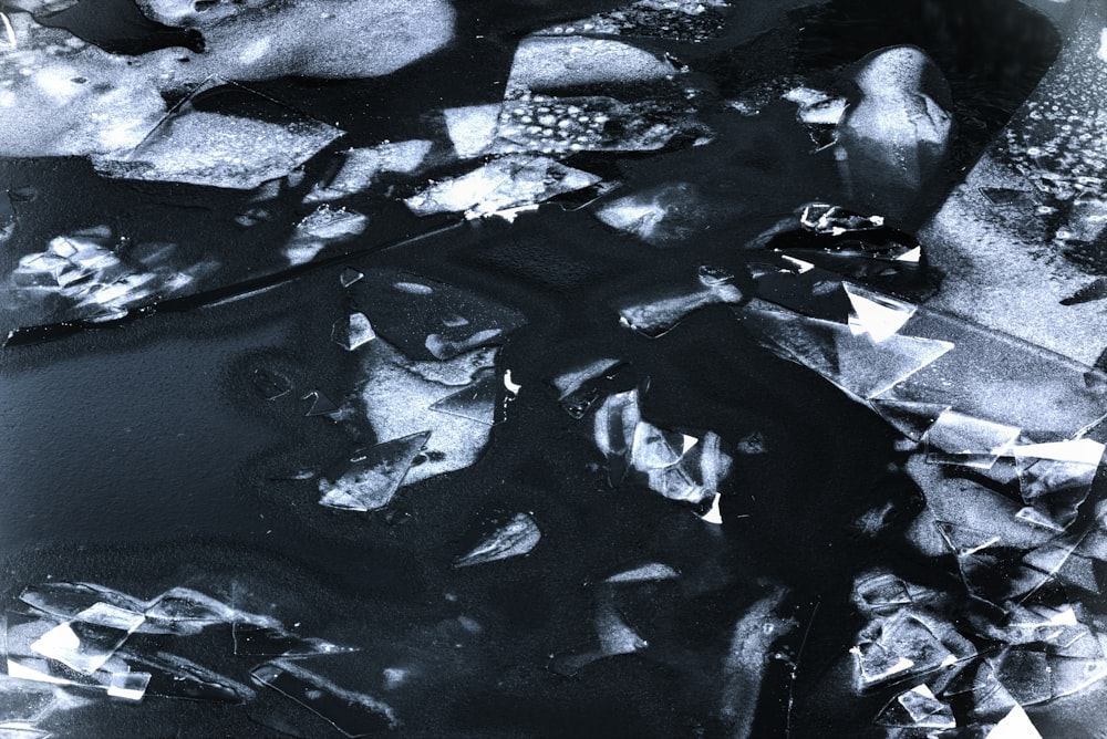 a black and white photo of ice and water