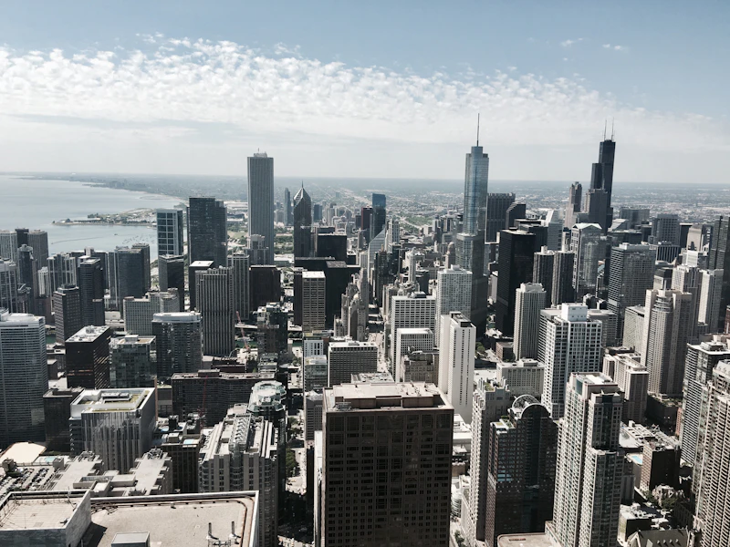 Aerial view over downtown Chicago, home to the United Center arena