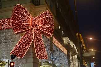 A commercial property adorned with holiday lighting.