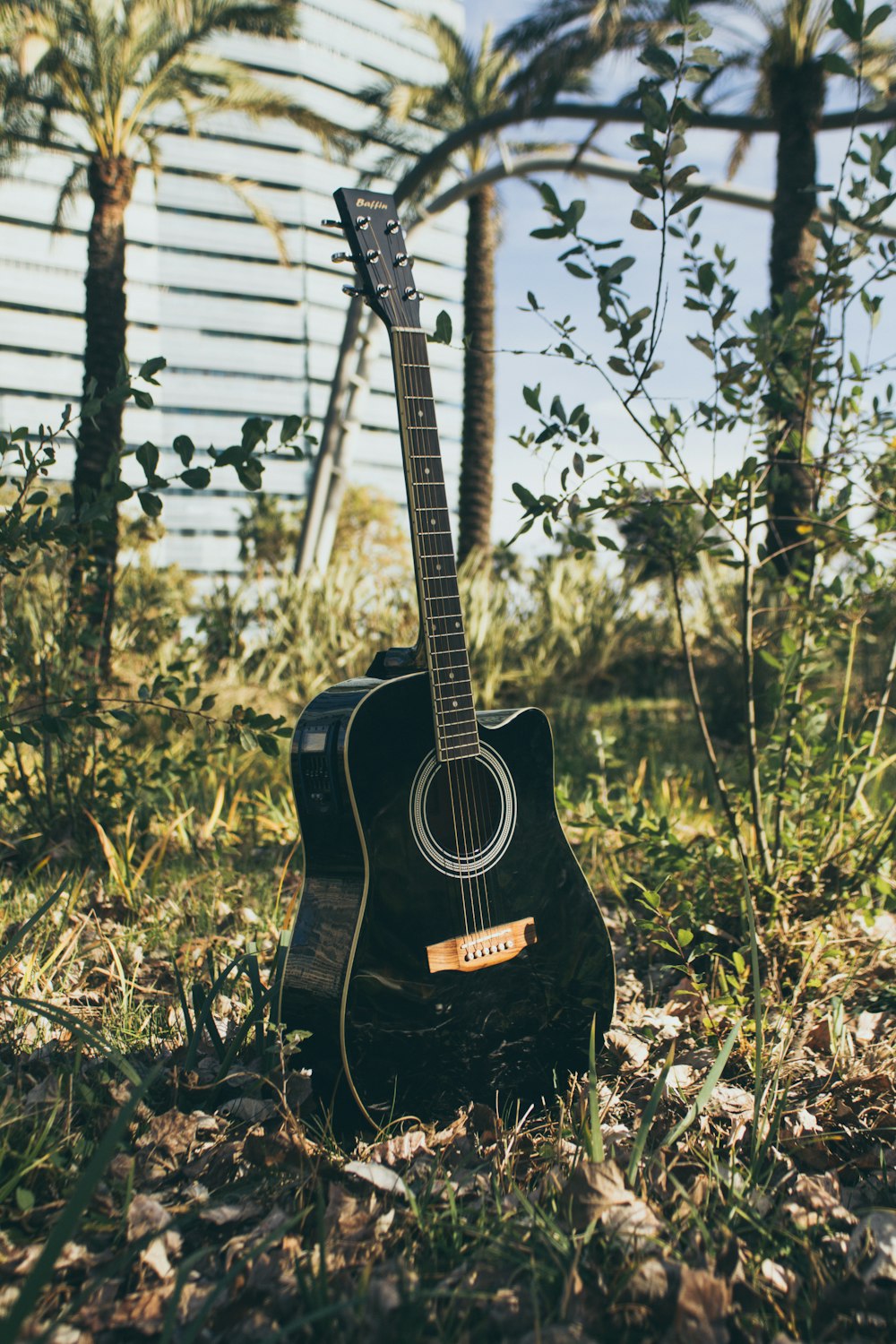 Guitarra acústica negra sobre hierba verde