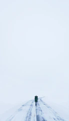 A lone figure walking through a snowy wasteland beneath a gray sky.