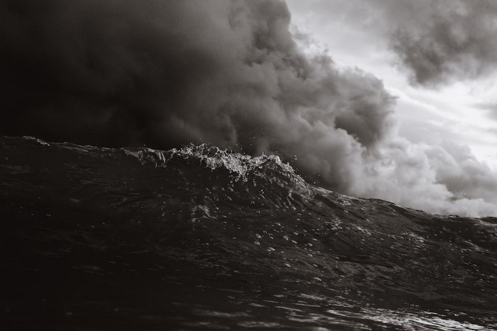 Foto en escala de grises de las olas de la playa