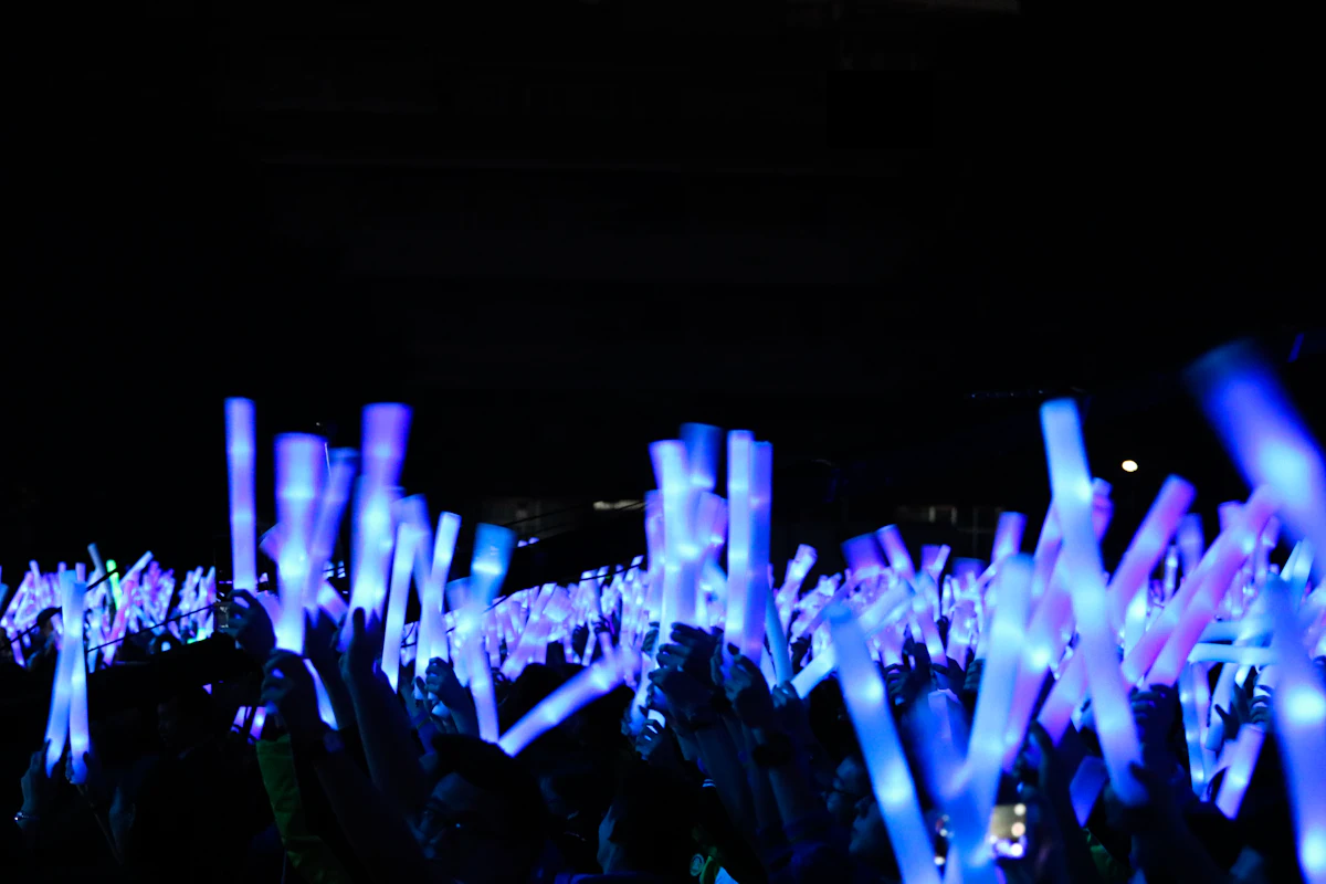 Crowd holding up lightsticks at a K-pop concert