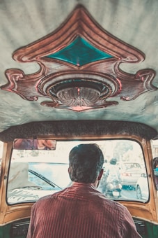 The perspective is from inside an auto-rickshaw, looking out at traffic. Intricate, colorful designs adorn the ceiling of the auto-rickshaw. A man with short hair, wearing a striped shirt, is seated at the front, focusing on the road.