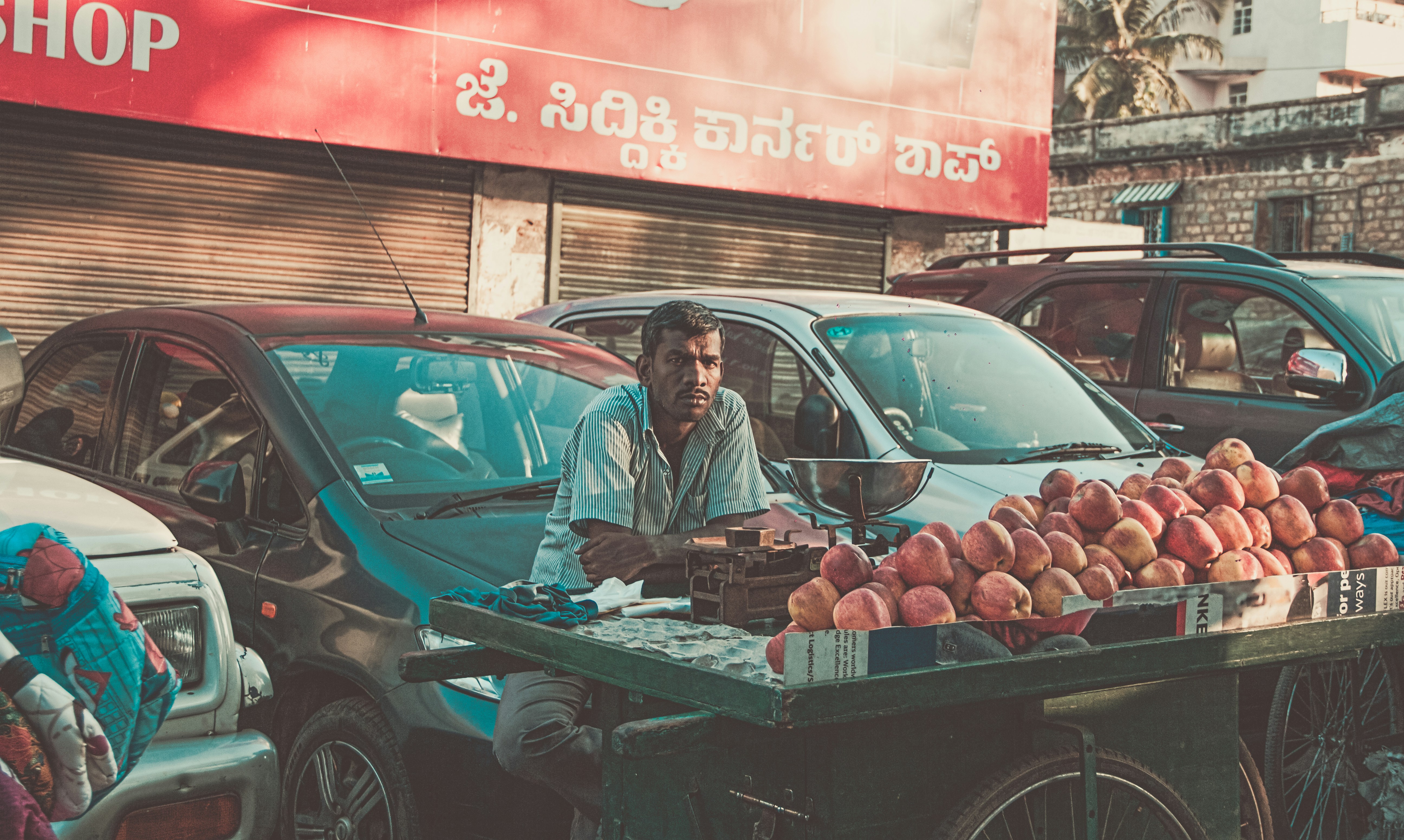 man vending apples near parked cars during daytime