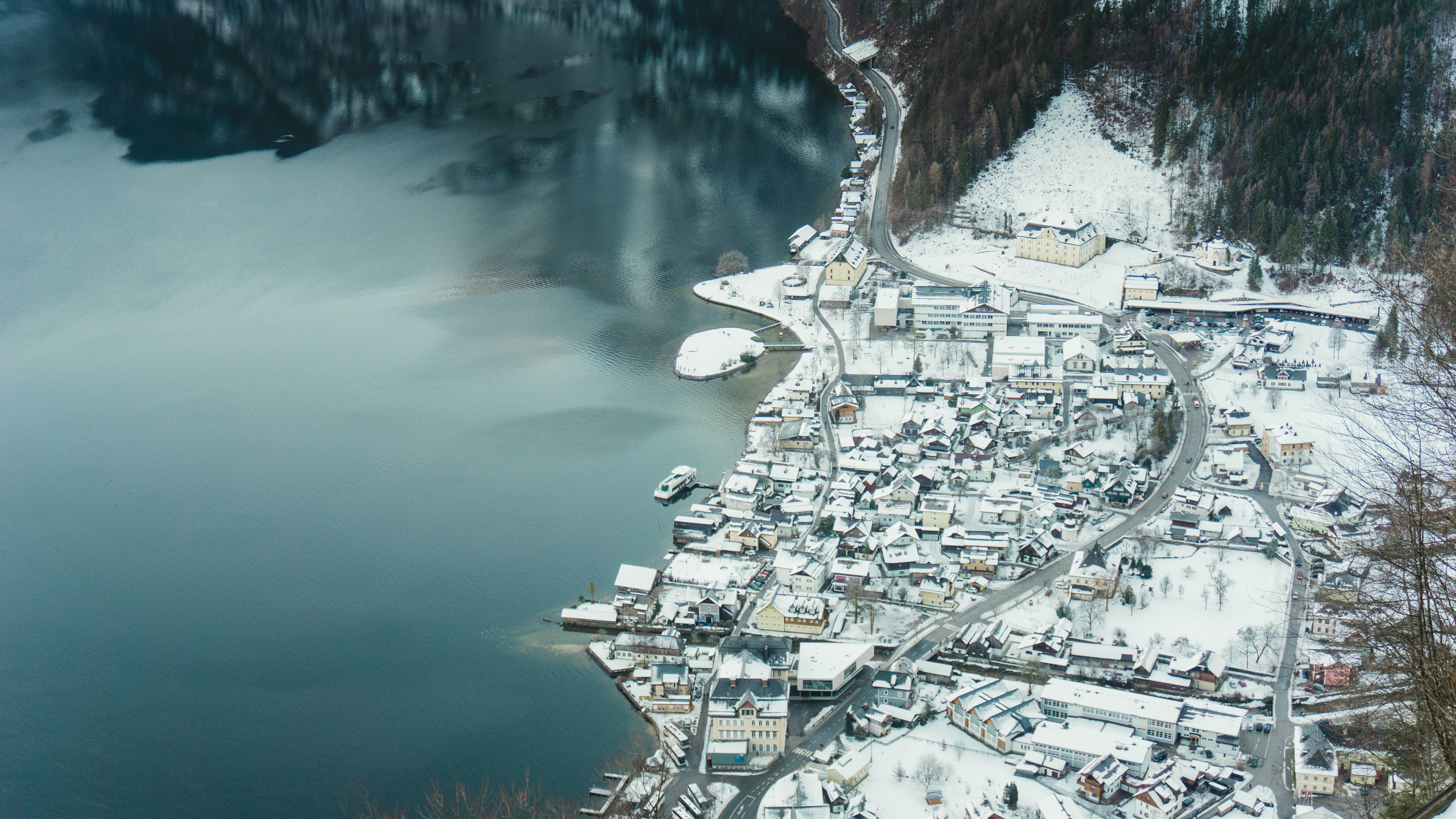 birds eye view of city building covered with snow, 