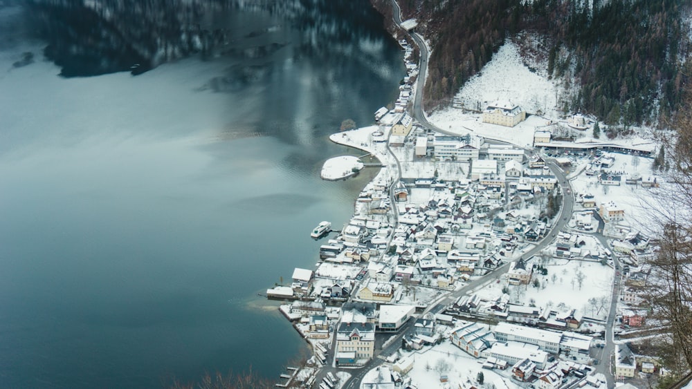 birds eye view of city building covered with snow