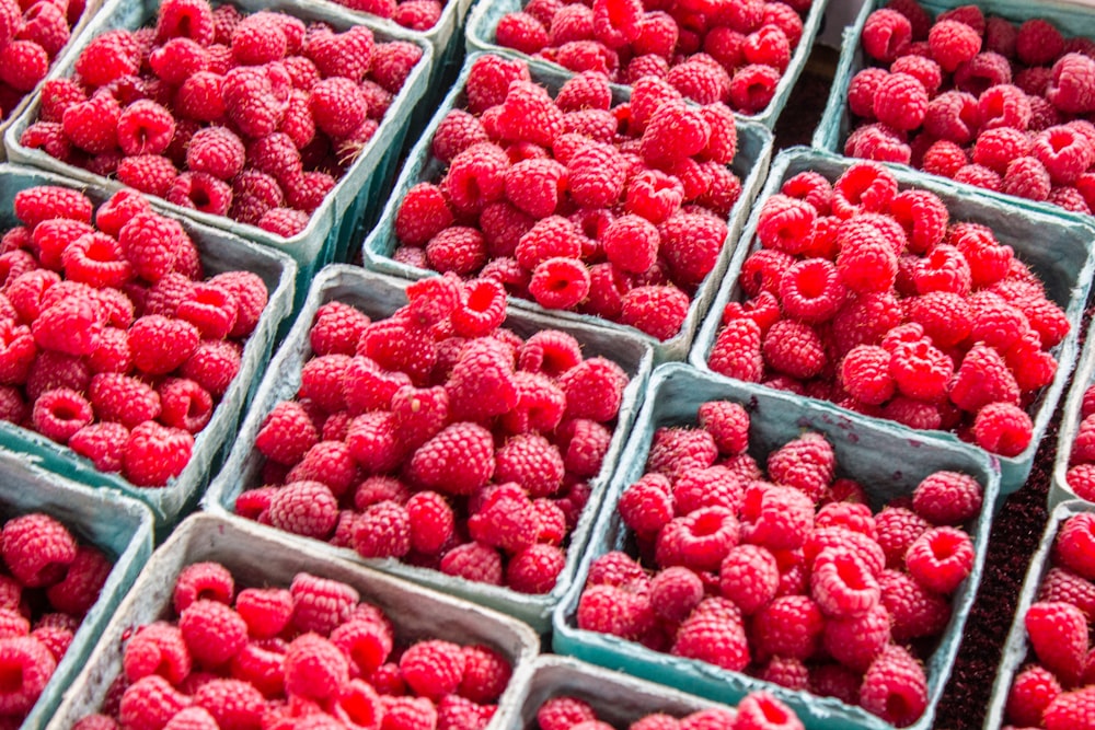 fresh raspberries are displayed in trays for sale