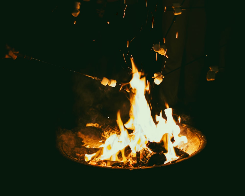 Menschen kochen Marshmallow auf Lagerfeuer