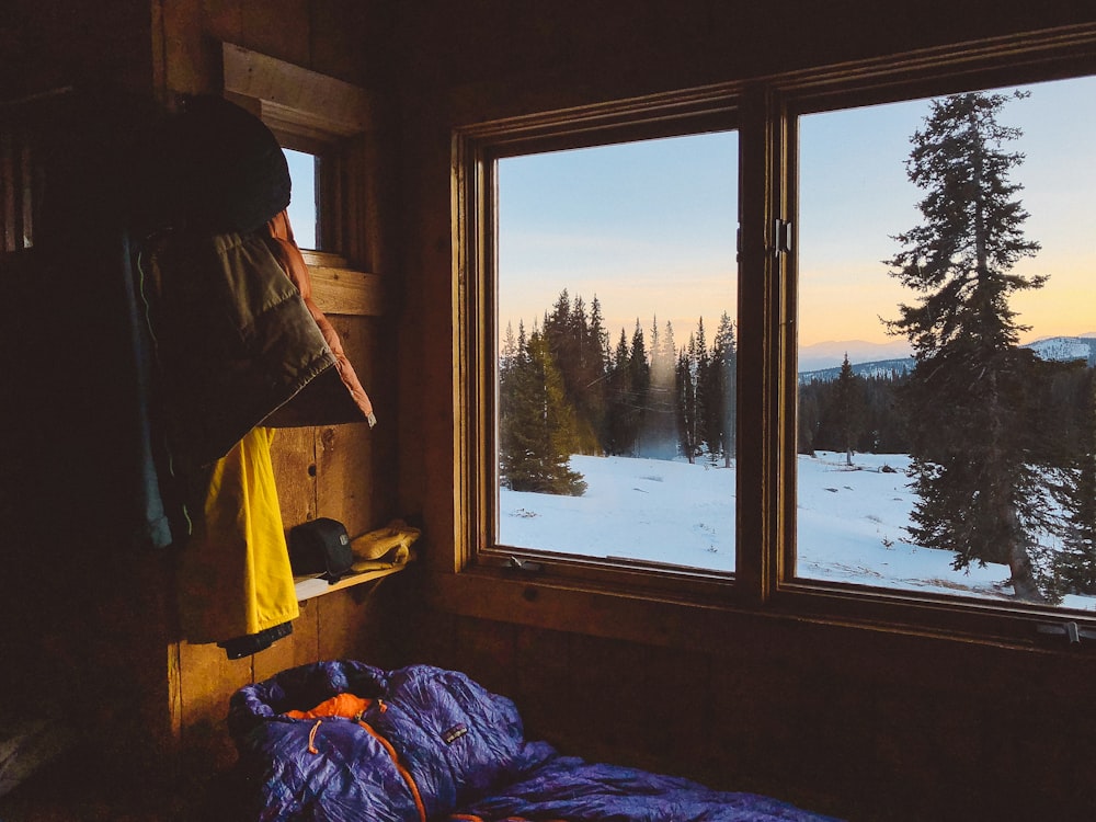 glass window with brown frame