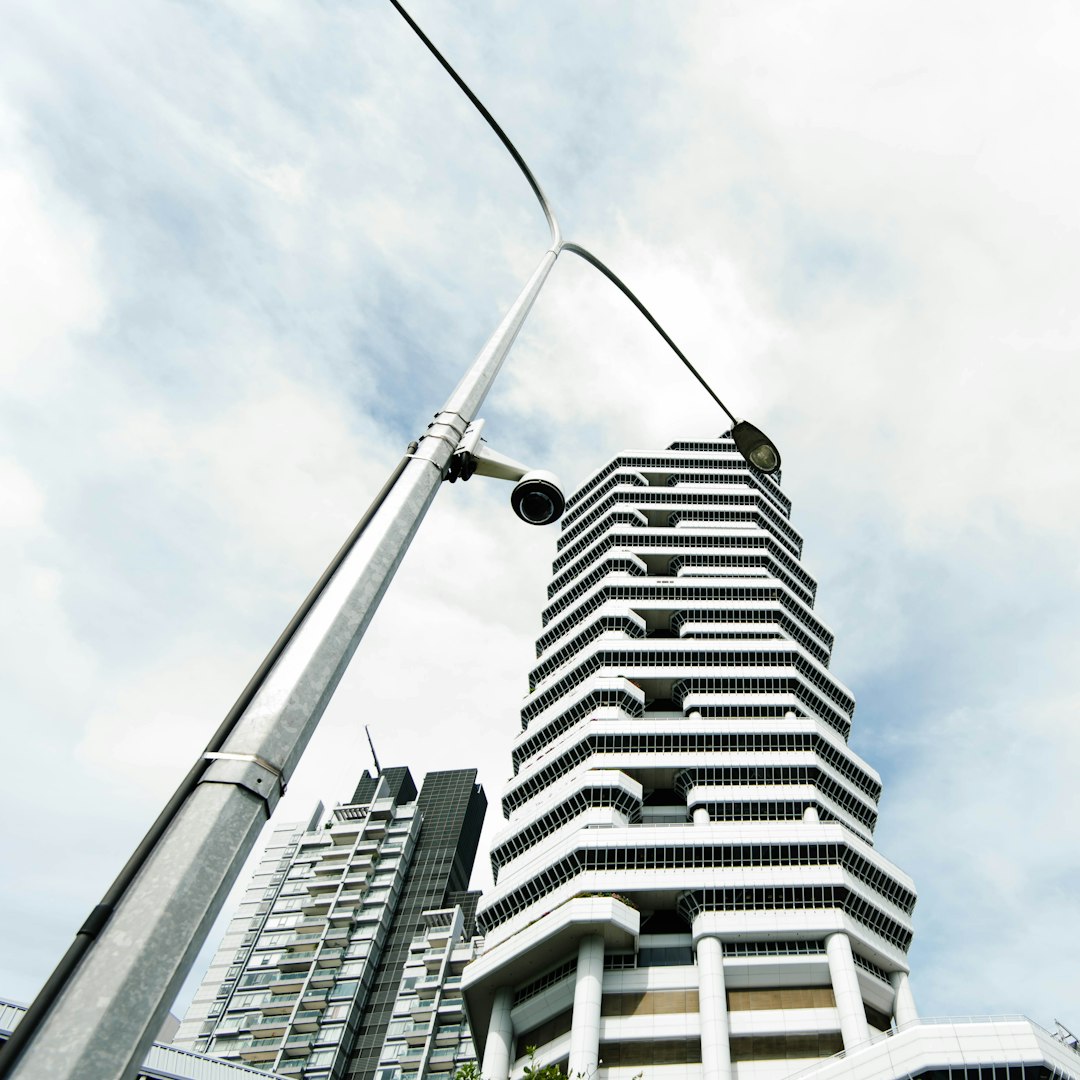 low-angle photography of street light and two high-rise buildings