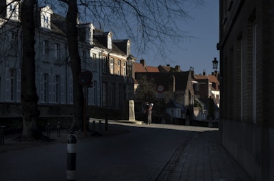 Golden hour sunlight casting long shadows on a quiet cobblestone street framed by historic London townhouses.