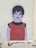 A stylized graffiti or stencil art of a young child, depicted with a minimalist face and short dark hair. The child is wearing a red dress with a black collar, and the background is a textured, light-colored wall.
