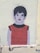 A stylized graffiti or stencil art of a young child, depicted with a minimalist face and short dark hair. The child is wearing a red dress with a black collar, and the background is a textured, light-colored wall.