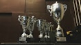 several silver and gold trophies on wooden surface