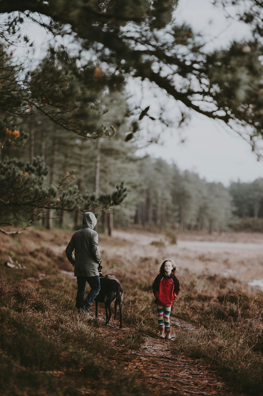 girl standing beside person wearing hoodie surrounded with trees during daytime