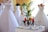 A potted plant with vibrant green leaves is placed on a small table. Surrounding the plant are decorative silver glitter numbers 1, 4, 2, 5, 3. In the background, several elegant white wedding gowns on mannequins are visible, creating a bridal shop ambiance.