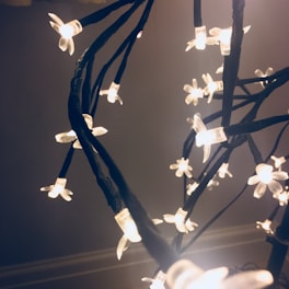 A close-up of small LED lights shaped like flowers attached to dark twisting branches, creating a warm and cozy ambiance with soft illumination.