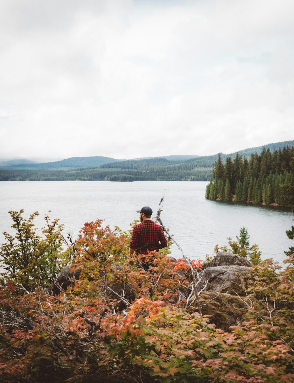 person in flannel dress shirt staring on body of water during daytime