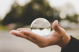 A hand is holding a clear crystal ball, which reflects an upside-down image of the surrounding environment. The background is blurred, focusing attention on the hand and the crystal ball.