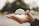 A hand is holding a clear crystal ball, which reflects an upside-down image of the surrounding environment. The background is blurred, focusing attention on the hand and the crystal ball.