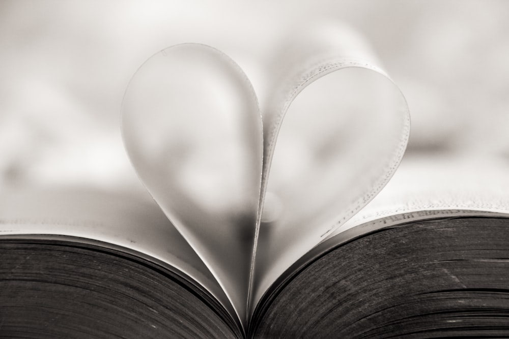 Fotografia em close-up da página do livro em forma de coração