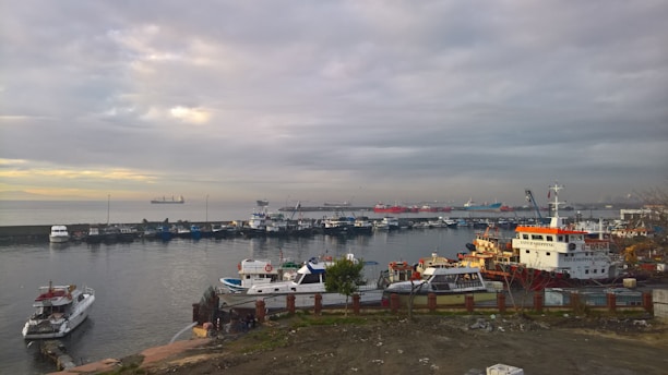 A busy harbor with ships docked and workers preparing for marine operations at sunrise.