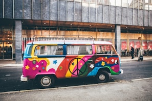 multicolored minivan parked on roadside near building