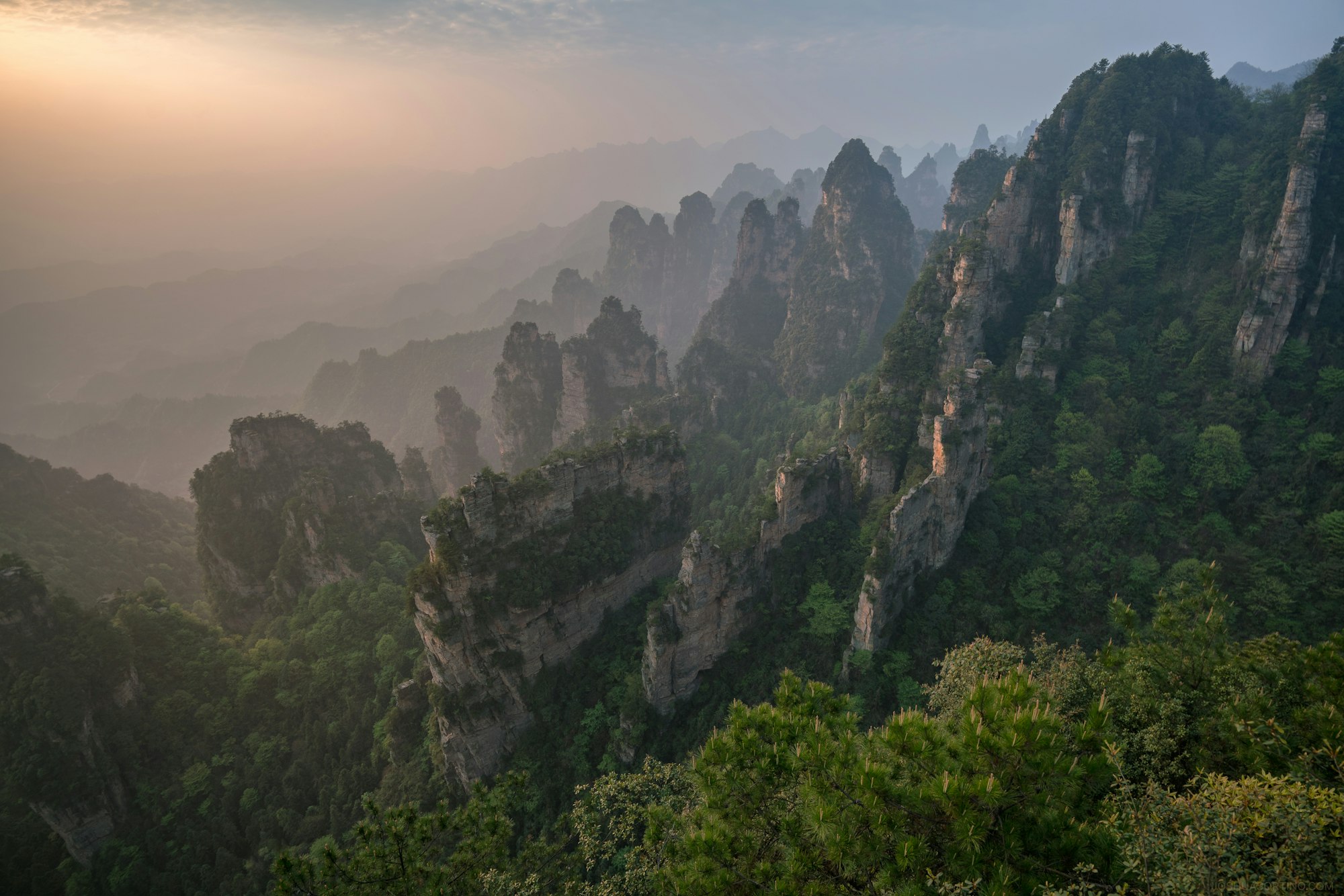The endless, cascading mountains of Zhangjiajie comprised of many rows of rock walls.