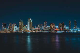 city near body of water during nighttime